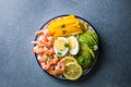 Buddha bowl with avocado, prawns, rice, on light background. Healthy food, clean eating, Buddha bowl, top view