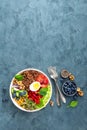 Buddha bowl dinner with boiled egg, chickpea, fresh tomato, sweet pepper, cucumber, savoy cabbage, red onion, green sprouts Royalty Free Stock Photo