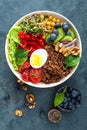 Buddha bowl dinner with boiled egg, chickpea, fresh tomato, sweet pepper, cucumber, savoy cabbage, red onion, green sprouts Royalty Free Stock Photo