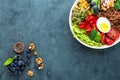 Buddha bowl dinner with boiled egg, chickpea, fresh tomato, sweet pepper, cucumber, savoy cabbage, red onion, green sprouts Royalty Free Stock Photo