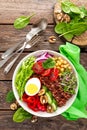 Buddha bowl dish with boiled egg, chickpea, fresh tomato, sweet pepper, cucumber, savoy cabbage, red onion, green sprouts, spinach Royalty Free Stock Photo