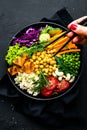 Bowl dish with brown rice, cucumber, tomato, green peas, red cabbage, chickpea, fresh lettuce salad and cashew nuts. Healthy balan Royalty Free Stock Photo