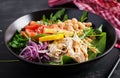 Buddha bowl dish with chicken fillet, chickpeas, tomatoes, red onion, fresh green salad and seed sesame. Royalty Free Stock Photo