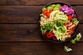 Buddha bowl dish. Healthy balanced lunch with quinoa, grilled chicken meat, lettuce salad, pepper, cucumber, tomato and avocado gu