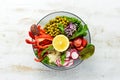 Buddha bowl, healthy and balanced food. Rice, fresh vegetables. Dishes menu.