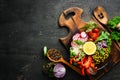 Buddha bowl, healthy and balanced food. Rice, fresh vegetables. Dishes menu. Free copy space. Royalty Free Stock Photo