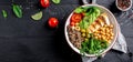 Buddha bowl with kale salad, quinoa, chicken fillet, chickpeas, avocado, spinach, tomatoes cherries, nuts arugula, Clean eating, Royalty Free Stock Photo