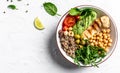 Buddha bowl with kale salad, quinoa, chicken fillet, chickpeas, avocado, spinach, tomatoes cherries, nuts arugula, Clean eating, Royalty Free Stock Photo