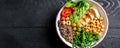 Buddha bowl with kale salad, quinoa, chicken fillet, chickpeas, avocado, spinach, tomatoes cherries, nuts arugula, Clean eating, Royalty Free Stock Photo