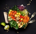 Buddha bowl of mixed vegetables, tofu cheese and groat on a black background. Gourmet and nutritious vegan meal.