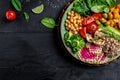 Buddha Bowl with Quinoa, Avocado, tomato, cucumber, vegetables salad. Delicious breakfast or snack, Clean eating, dieting, vegan Royalty Free Stock Photo