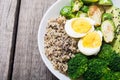 Buddha bowl with quinoa eggs , avocado , brussels sprouts and broccoli . Food vegan salad on wooden backgground