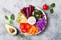 Buddha bowl with roasted butternut, hummus, cabbage. Healthy vegetarian appetizer or snack platter. Winter veggies detox lunch