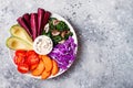 Buddha bowl with roasted butternut, hummus, cabbage. Healthy vegetarian appetizer or snack platter. Winter veggies detox lunch Royalty Free Stock Photo