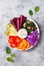 Buddha bowl with roasted butternut, hummus, cabbage. Healthy vegetarian appetizer or snack platter. Winter veggies detox lunch Royalty Free Stock Photo