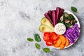 Buddha bowl with roasted butternut, hummus, cabbage. Healthy vegetarian appetizer or snack platter. Winter veggies detox lunch Royalty Free Stock Photo