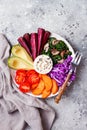 Buddha bowl with roasted butternut, hummus, cabbage. Healthy vegetarian appetizer or snack platter. Winter veggies detox lunch Royalty Free Stock Photo