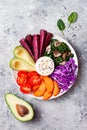 Buddha bowl with roasted butternut, hummus, cabbage. Healthy vegetarian appetizer or snack platter. Winter veggies detox lunch Royalty Free Stock Photo