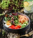 Buddha bowl salad with shrimps, arugula, spinach, avocado, tomatoes, green edamame beans, eggs on marble background. Healthy salad Royalty Free Stock Photo