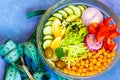 Buddha bowl - zucchini pasta, tape measure centimeter. Royalty Free Stock Photo