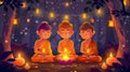 set of Buddha Purnima cartoon characters and design elements. decoration and lighting of temples