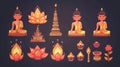 set of Buddha Purnima cartoon characters and design elements. decoration and lighting of temples