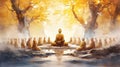Buddha Enlightenment meditating sitting with crowd of monk under bodhi tree. Makha Bucha Day. Generative Ai