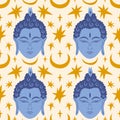 Buddha face seamless pattern Indian Thai Indonesia Buddhism spiritual yoga zen concept handdrawn vector illustration