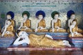 Buddha figures in shwedagon pagoda of yangon myanmar