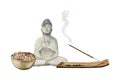 Buddha figurine with mineral salt bowl and burning aroma stick in wooden stand watercolor illustration for spa design