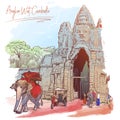 Buddha Gates in Angkor Wat, Cambodia. Painted sketch.