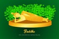 Buddha golden sleep monk phra pray concentration composed release front of pho leaf religion culture faith illustration