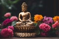 Buddha golden statue miniature with flowers background