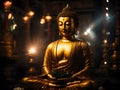 Buddha golden statue in temple with sunrays