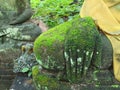 Buddha hand sculpture covered with moss in green nature, antique and vestige in Asia