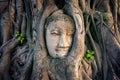 Buddha head in fig tree at Wat Mahathat, Ayutthaya historical park, Thailand.