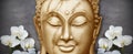 Buddha head meditating Sculpture around beautiful flower wallpaper.