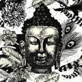 Buddha head seamless pattern black and white. Hand drawn vector. Royalty Free Stock Photo