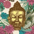 Buddha head seamless pattern. Hand drawn vector.