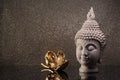 Buddha head statue and golden orchid flower. Royalty Free Stock Photo