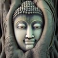 Buddha head in tree roots photo