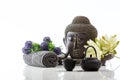 Buddha head on a white background, towel, teapot and lotus Royalty Free Stock Photo