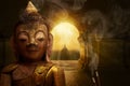 Buddha image meditating between incense sticks Royalty Free Stock Photo