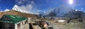 Buddha Lodge & Restaurant at Gorak Shep with snow capped Himalayan range scenery, Everest Base Camp EBC trail peak, Nepal