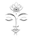 Detailed line art drawing of Buddha face with opened lotus flower on his forehead. Spiritual concept.