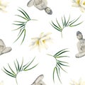 Buddha, lotus flowers with bamboo branches watercolor seamless pattern on white. Buddhism culture background