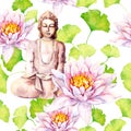 Buddha with lotus, leaves, decorative design. Seamless pattern. Watercolor