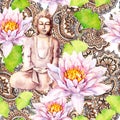 Buddha with lotus, leaves, decorative design. Seamless pattern. Watercolor