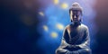 Buddha in a lotus position small statue in dark religious thoughtful environment with bokeh, neural network generated