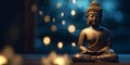 Buddha in a lotus position small statue in dark religious thoughtful environment with bokeh, neural network generated